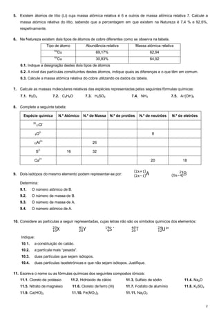 5. Existem átomos de lítio (Li) cuja massa atómica relativa é 6 e outros de massa atómica relativa 7. Calcule a 
massa atómica relativa do lítio, sabendo que a percentagem em que existem na Natureza é 7,4 % e 92,6%, 
respetivamente. 
2 
6. Na Natureza existem dois tipos de átomos de cobre diferentes como se observa na tabela. 
Tipo de átomo Abundância relativa Massa atómica relativa 
63Cu 69,17% 62,94 
65Cu 30,83% 64,92 
6.1. Indique a designação destes dois tipos de átomos 
6.2. A nível das partículas constituintes destes átomos, indique quais as diferenças e o que têm em comum. 
6.3. Calcule a massa atómica relativa do cobre utilizando os dados da tabela. 
7. Calcule as massas moleculares relativas das espécies representadas pelas seguintes fórmulas químicas: 
7.1. H2O2 7.2. C2H6O 7.3. H2SO4 7.4. NH3 7.5. A(OH)3 
8. Complete a seguinte tabela: 
Espécie química N.º Atómico N.º de Massa N.º de protões N.º de neutrões N.º de eletrões 
35 
17Cl- 
8O2- 8 
13Al3+ 26 
S2- 16 32 
Ca2+ 20 18 
(ଶ୶ାଵ) (ହ୶ିସ)B 
9. Dois isótopos do mesmo elemento podem representar-se por: (ଶ୶ିଵ)A 
ଶ୶ 
Determina: 
9.1. O número atómico de B. 
9.2. O número de massa de B. 
9.3. O número de massa de A. 
9.4. O número atómico de A. 
10. Considere as partículas a seguir representadas, cujas letras não são os símbolos químicos dos elementos: 
ଶ଴ ଵ଴X 
ଶ଴ 
Y ଵଽ - ଶ଴T 
ସଵ S ଽ 
ସ଴ U ଵଶ 
ଶସ 2+ 
Indique: 
10.1. a constituição do catião. 
10.2. a partícula mais “pesada”. 
10.3. duas partículas que sejam isótopos. 
10.4. duas partículas isoeletrónicas e que não sejam isótopos. Justifique. 
11. Escreva o nome ou as fórmulas químicas dos seguintes compostos iónicos: 
11.1. Cloreto de potássio 11.2. Hidróxido de cálcio 11.3. Sulfato de sódio 11.4. Na2O 
11.5. Nitrato de magnésio 11.6. Cloreto de ferro (III) 11.7. Fosfato de alumínio 11.8. K2SO4 
11.9. Ca(HO)2 11.10. Fe(NO3)2 11.11. Na2O2 
