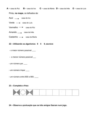 Pinta, no mapa, os telhados de:
Azul casa do Ivo
Verde casa do Luís
Vermelho casa do Rui
Amarelo casa da Inês
Castanho casa da Marta
22 – Utilizando os algarismos 8 5 9, escreve:
- o maior número possível ____
- o menor número possível ___
- um número par ____
- um número ímpar ____
- um número entre 800 e 900; ____
23 – Completa o friso:
24 – Observa a pontuação que os três amigos fizeram num jogo.
A – casa do Rui B – casa do Ivo C – casa da Marta D – casa da Inês E – casa do Luís
 