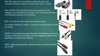 XLR: São usados em microfones e mesas de som. Tem
conectores femea e macho. O macho tem de 3 a 7 pinos.
Jack (TS/TRS): São utilizados para transmissão de sinais
analógicos, principalmente de áudio. Tem o formato cilíndrico e
normalmente possuem três contatos.
RCA: É um tipo de cabo usado para áudio e vídeo.
A conexão amarela é o vídeo, e o branco e vermelho são o áudio
em stereo.
SPDIF: É uma coleção de especificações de hardware e protocolo
de baixo nível para transmissão de sinais digitais de áudio entre
aparelhos e componentes estéreos.
ADAT: Usado para gravação digital de áudio para fitas similares
aos S-VHS.
 