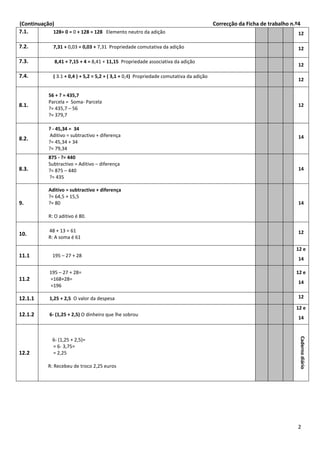 (Continuação) Correcção da Ficha de trabalho n.º4
2
7.1. 128+ 0 = 0 + 128 = 128 Elemento neutro da adição 12
7.2. 7,31 + 0,03 = 0,03 + 7,31 Propriedade comutativa da adição 12
7.3. 8,41 + 7,15 + 4 = 8,41 + 11,15 Propriedade associativa da adição
12
7.4. ( 3.1 + 0,4 ) + 5,2 = 5,2 + ( 3,1 + 0,4) Propriedade comutativa da adição
12
8.1.
56 + ? = 435,7
Parcela = Soma- Parcela
?= 435,7 – 56
?= 379,7
12
8.2.
? - 45,34 = 34
Aditivo = subtractivo + diferença
?= 45,34 + 34
?= 79,34
14
8.3.
875 - ?= 440
Subtractivo = Aditivo – diferença
?= 875 – 440
?= 435
14
9.
Aditivo = subtractivo + diferença
?= 64,5 + 15,5
?= 80
R: O aditivo é 80.
14
10.
48 + 13 = 61
R: A soma é 61
12
11.1 195 – 27 + 28
12 e
14
11.2
195 – 27 + 28=
=168+28=
=196
12 e
14
12.1.1 1,25 + 2,5 O valor da despesa 12
12.1.2 6- (1,25 + 2,5) O dinheiro que lhe sobrou
12 e
14
12.2
6- (1,25 + 2,5)=
= 6- 3,75=
= 2,25
R: Recebeu de troco 2,25 euros
Cadernodiário
 