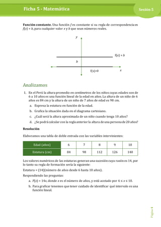 Sesión 5Ficha 5 - Matemática
Página4
Función constante. Una función f es constante si su regla de correspondencia es
f(x) = b, para cualquier valor x y b que sean números reales.
Analizamos
1. En el Perú la altura promedio en centímetros de los niños cuyas edades son de
6 a 10 años es una función lineal de la edad en años. La altura de un niño de 6
años es 84 cm y la altura de un niño de 7 años de edad es 98 cm.
a. Expresa la estatura en función de la edad.
b. Grafica la situación dada en el diagrama cartesiano.
c. ¿Cuál será la altura aproximada de un niño cuando tenga 10 años?
d. ¿Se podrácalcular con la reglaanterior la altura deuna personade20 años?
Resolución
Elaboramos una tabla de doble entrada con las variables intervinientes:
Edad (años) 6 7 8 9 10
Estatura (cm) 84 98 112 126 140
Los valores numéricos de las estaturas generan una sucesión cuya razón es 14, por
lo tanto su regla de formación sería la siguiente:
Estatura = (14)(número de años desde 6 hasta 10 años).
Respondiendo las preguntas:
a. F(x) = 14x, donde x es el número de años, y está acotado por 6 ≤ x ≤ 10.
b. Para graficar tenemos que tener cuidado de identificar qué intervalo es una
función lineal.
f(x) = b
x
y
b
f(x)=0
 