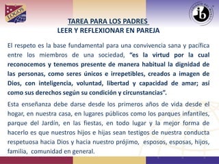 TAREA PARA LOS PADRES
LEER Y REFLEXIONAR EN PAREJA
El respeto es la base fundamental para una convivencia sana y pacífica
entre los miembros de una sociedad, “es la virtud por la cual
reconocemos y tenemos presente de manera habitual la dignidad de
las personas, como seres únicos e irrepetibles, creados a imagen de
Dios, con inteligencia, voluntad, libertad y capacidad de amar; así
como sus derechos según su condición y circunstancias”.
Esta enseñanza debe darse desde los primeros años de vida desde el
hogar, en nuestra casa, en lugares públicos como los parques infantiles,
parque del Jardín, en las fiestas, en todo lugar y la mejor forma de
hacerlo es que nuestros hijos e hijas sean testigos de nuestra conducta
respetuosa hacia Dios y hacia nuestro prójimo, esposos, esposas, hijos,
familia, comunidad en general.
 