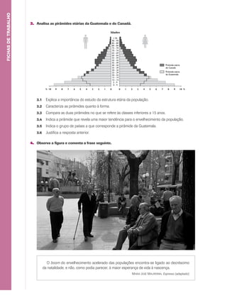 3. Analisa as pirâmides etárias da Guatemala e do Canadá.
FICHASDETRABALHO
3.1 Explica a importância do estudo da estrutura etária da população.
3.2 Caracteriza as pirâmides quanto à forma.
3.3 Compara as duas pirâmides no que se refere às classes inferiores a 15 anos.
3.4 Indica a pirâmide que revela uma maior tendência para o envelhecimento da população.
3.5 Indica o grupo de países a que corresponde a pirâmide da Guatemala.
3.6 Justifica a resposta anterior.
4. Observa a figura e comenta a frase seguinte.
Pirâmide etária
do Canadá
Pirâmide etária
da Guatemala
0 - 4
012345678910 10 %9876543210%
5 - 9
10 - 14
15 - 19
20 - 24
25 - 29
30 - 34
35 - 39
40 - 44
45 - 49
50 - 54
55 - 59
60 - 64
65 - 69
70 - 74
75 - 79
80 - 84
85 - 89
90 - 94
+ 95
Idades
O boom do envelhecimento acelerado das populações encontra-se ligado ao decréscimo
da natalidade, e não, como podia parecer, à maior esperança de vida à nascença.
MARIA JOSÉ MAUPERRIN, Expresso (adaptado)
 