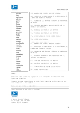 www.zirano.com
pectina
pera
pericarpio
pérsico
pezón
piña
piñón
pistacho
plátano
postre
producir
pulpa
quivi
rabo
racimo
recoger
recolección
sandía
secadero
sidra
sorbete
tallo
tamarindo
tomate
troj
uva
varear
vello
vendimiar
verdal
vino
zapote
TAREA:
Resuelva este ejercicio o prepare otra actividad similar con otro
grupo de palabras.
Zirano, de una forma cómoda y ágil, facilitará la autocorrección una
vez realizada la actividad.
Fecha en que envía el ejercicio:
Observaciones de su tutor o tutora:
e-Lexis Ziento Volando
C/ Zarandia 22. 2º dcha
Huesca 22002 (España)
4
01. NOMBRES DE FRUTAS, FRUTOS O BAYAS
02. PRODUCTOS DE LAS FRUTAS O DE LOS FRUTOS O
A BASE DE FRUTAS O FRUTOS
03. PARTES DE LAS FRUTAS Y FRUTOS Y CONJUNTOS
DE ELL@S
04. PROCESOS NATURALES RELACIONADOS CON LA
FRUTA O LOS FRUTOS.
05. COSECHAR LA FRUTA O LOS FRUTOS
06. PROCESAR LA FRUTA O LOS FRUTOS
07. ESTROPEARSE LA FRUTA O LOS FRUTOS
08. OTRAS AGRUPACIONES
+++++++++++++++++++++++
01. NOMBRES DE FRUTAS, FRUTOS O BAYAS
02. PRODUCTOS DE LAS FRUTAS O DE LOS FRUTOS O
A BASE DE FRUTAS O FRUTOS
03. PARTES DE LAS FRUTAS Y FRUTOS Y CONJUNTOS
DE ELL@S
04. PROCESOS NATURALES RELACIONADOS CON LA
FRUTA O LOS FRUTOS.
05. COSECHAR LA FRUTA O LOS FRUTOS
06. PROCESAR LA FRUTA O LOS FRUTOS
07. ESTROPEARSE LA FRUTA O LOS FRUTOS
08. OTRAS AGRUPACIONES
 