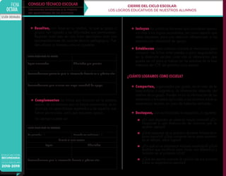 FICHA
OCTAVA
SESIÓN ORDINARIA
CONSEJO TÉCNICO ESCOLAR
Decisiones tendientes a la mejora
del aprendizaje de los alumnos
EDUCACIÓN
SECUNDARIA
CICLO ESCOLAR
2018-2019
✦	Complementen las fichas que iniciaron en la séptima
sesión, de los alumnos que no fueron promovidos, al no
alcanzar los aprendizajes esperados y de aquellos que
fueron promovidos, pero que requieren apoyo.
	 Un ejemplo puede ser:
FICHA DESCRIPTIVA DEL ALUMNO:
No promovido ( ) Promovido con condiciones ( )
Durante el ciclo escolar
Logros Dificultades
Recomendaciones para la intervención docente el próximo año:
✦	Incluyan las prácticas docentes que consideren aporta-
ron más a los logros alcanzados, así como aquello que
debe mejorarse para una atención diferenciada a los
alumnos con necesidad de apoyo.
✦	Establezcan como colectivo docente el mecanismo para
compartir las fichas entre ustedes o para resguardarlas
en la dirección escolar, junto con la información que
pueda ser útil para el trabajo en las sesiones de la fase
intensiva del CTE del próximo ciclo escolar.
¿CUÁNTO LOGRAMOS COMO ESCUELA?
✦	Compartan, organizados por grado, en el caso de te-
lesecundaria o asignatura, la información obtenida del
análisis de su grupo. Pueden incluir la información de las
entrevistas o encuestas aplicadas a sus alumnos sobre su
experiencia escolar, en caso de haberlas realizado.
✦	Destaquen, una vez finalizada la exposición, lo siguiente:
◼	 ¿En qué aspectos se observó mayor avance? ¿Co-
rresponde a una disminución de alumnos que re-
quieren apoyo?
◼	 ¿Qué aspectos de su práctica docente fortalecieron
para lograrlo? ¿Qué conviene hacer para sostener,
en el tiempo, estos logros?
◼	 ¿Por qué no se obtuvieron mejores resultados? ¿Qué
tendrían que modificar para hacer una diferencia y
avanzar en el próximo ciclo?
◼	 ¿Qué les aportó conocer la opinión de sus alumnos
sobre su experiencia escolar?
CIERRE DEL CICLO ESCOLAR:
LOS LOGROS EDUCATIVOS DE NUESTROS ALUMNOS
FICHA DESCRIPTIVA DEL GRUPO
Logros alcanzados Dificultades que persisten
Recomendaciones generales para la intervención docente en el próximo año:
Recomendaciones para alumnos con mayor necesidad de apoyo:
✦	Resalten, con base en su análisis, lo que su grupo o
grupos han logrado y las dificultades que permanecen.
Registren todo esto en una ficha descriptiva junto con
recomendaciones de carácter técnico pedagógico. Pue-
den utilizar un formato como el siguiente:
 