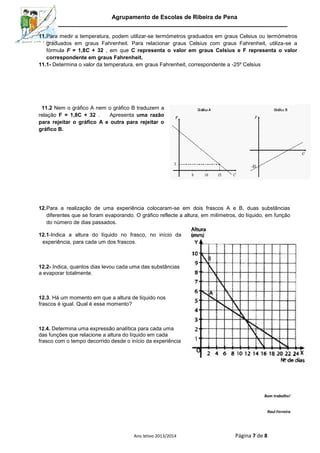 Agrupamento de Escolas de Ribeira de Pena
Ano letivo 2013/2014 Página 7 de 8
11.Para medir a temperatura, podem utilizar-se termómetros graduados em graus Celsius ou termómetros
graduados em graus Fahrenheit. Para relacionar graus Celsius com graus Fahrenheit, utiliza-se a
fórmula F = 1,8C + 32 , em que C representa o valor em graus Celsius e F representa o valor
correspondente em graus Fahrenheit.
11.1- Determina o valor da temperatura, em graus Fahrenheit, correspondente a -25º Celsius
11.2 Nem o gráfico A nem o gráfico B traduzem a
relação F = 1,8C + 32 . Apresenta uma razão
para rejeitar o gráfico A e outra para rejeitar o
gráfico B.
12.Para a realização de uma experiência colocaram-se em dois frascos A e B, duas substâncias
diferentes que se foram evaporando. O gráfico reflecte a altura, em milímetros, do líquido, em função
do número de dias passados.
12.1-Indica a altura do líquido no frasco, no início da
experiência, para cada um dos frascos.
12.2- Indica, quantos dias levou cada uma das substâncias
a evaporar totalmente.
12.3. Há um momento em que a altura de líquido nos
frascos é igual. Qual é esse momento?
12.4. Determina uma expressão analítica para cada uma
das funções que relacione a altura do líquido em cada
frasco com o tempo decorrido desde o início da experiência
Bom trabalho!
Raul Ferreira
 