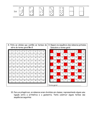 7.4




8. Pinta as células que contêm os termos da 9. Repara na sequência dos números pintados.
    série de termo geral 5n-2                  Descobre o termo geral




                                               Termo geral:…………………………………………………


   10. Para os pitagóricos, os números eram divididos em classes, representando alguns uma
       ligação entre a aritmética e a geometria. Tenta construir alguns termos das
       sequências seguintes
 