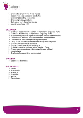 2
 Explicar las propiedades de los objetos
 Describir las propiedades de los objetos
 Expresar posesión y pertenencia
 Entender precios y anotarlos
 Colocación correcta de los mismos
 Los números hasta 1000
GRAMÁTICA
 El artículo indeterminado ein/kein en Nominativo Singular y Plural
 El artículo determinado en Nominativo Singular y Plural
 El pronombre personal 3ª personal Singular y Plural en Nominativo
 Característica distintiva entre Idefinitartikeln y Definitartikeln
 Utilización del pronombre personal y del artículo
 Uso y formación del artículo indeterminado positivo/negativo
 El nombre-sustantivo (Nominativo)
 Formación del plural de los sustantivos
 Artículos posesivos en Nominativo Singular y Plural
 Pronombres personales en Nominativo Singular y Plural
 Los adjetivos
 Empleo de los sustantivos en mayúscula
FONÉTICA
 Separación de sílabas
VOCABULARIO
 Verbos
 Sustantivos
 Adjetivos
 Adverbios
 Varios
 Expresiones
 