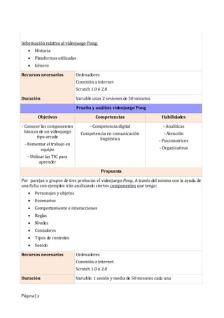 Ficha actividades creación videojuego Pong | PDF