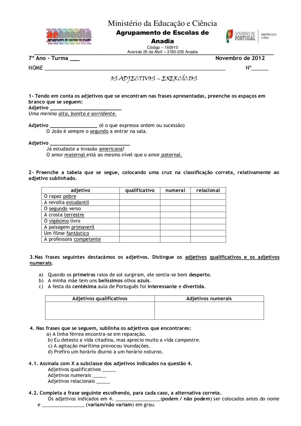 Exercicios Sobre Adjetivos 7 Ano - NAZAEDU