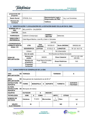 Ficha Ambiental
ESTACIÓN BASE CELULAR BELLAVISTA - CALDERÓN

proponente del
proyecto:
Razón Social

Representante Legal y
Responsable del PMA

OTECEL S.A.

Persona de
Contacto

Ing. Luis Fernández

Teléfono

2. IDENTIFICACIÓN Y LOCALIZACIÓN DE LA ESTACIÓN BASE CELULAR EN EL DMQ
NOMBRE DE LA
EBC
CANTÓN

BELLAVISTA - CALDERÓN
Quito
BARRIO /
SECTOR

PARROQUIA

Calderón (Carapungo)

DIRECCIÓN Y
REFERENCIA

Calle Miguel Medina, Lote #5 y Calle A. Gonzales

COORDENADAS
FORMATO WGS 84
ZONA 17S

DATOS
UTM
GEOGRÁFICA

Este
(WGS84)
LATITUD

787035.01

Norte (WGS84)

0°3’53.2’’ S

LONGITUD

X

Urbana

9992832.80
78° 25’ 16.9’’ W

No Urbanizable

Uso de suelo
ZONA DE
IMPLANTACIÓN

Bellavista

R2 (Residencial Media Densidad)

Número de
predio

580205

14217 01 001 000
000 000

Ángel María González
Amaya

Nombre de
propietario
Propiedad
horizontal

Clave Catastral
Áreas Históricas

N/A

NO

3. CARACTERÍSTICAS GENERALES DE LA EBC
TIPO
DE TERRAZA
IMPLANTACIÓN:

TERRENO

ÁREA
DE Área general de implantación es de 60 m2.
IMPLANTACIÓN
ESTRUCTURA DE
TORRE
MONOPOLO X SOPORTE
SOPORTE

X

TORRETA

SOPORTE
FACHADA

ALTURA
ESTRUCTURA DE Monopolo 24 metros
SOPORTE
EQUIPOS
TECNOLOGÍA
NÚMERO DE
ANTENAS
GRUPO
ELECTRÓGENO

OUTDOOR
GSM

X
X

CDMA
6 (seis)

Celulares

INDOOR

Microondas

UMTS
1
(una)

OTRAS

FA-0120-SA
NOVIEMBRE-2011

NO

NO

SI

Fibra

X

10

 