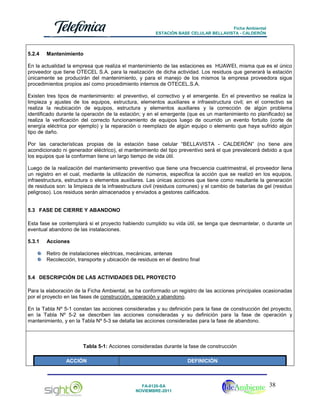 Ficha Ambiental
ESTACIÓN BASE CELULAR BELLAVISTA - CALDERÓN

5.2.4

Mantenimiento

En la actualidad la empresa que realiza el mantenimiento de las estaciones es HUAWEI, misma que es el único
proveedor que tiene OTECEL S.A. para la realización de dicha actividad. Los residuos que generará la estación
únicamente se producirán del mantenimiento, y para el manejo de los mismos la empresa proveedora sigue
procedimientos propios así como procedimiento internos de OTECEL.S.A.
Existen tres tipos de mantenimiento: el preventivo, el correctivo y el emergente. En el preventivo se realiza la
limpieza y ajustes de los equipos, estructura, elementos auxiliares e infraestructura civil; en el correctivo se
realiza la reubicación de equipos, estructura y elementos auxiliares y la corrección de algún problema
identificado durante la operación de la estación; y en el emergente (que es un mantenimiento no planificado) se
realiza la verificación del correcto funcionamiento de equipos luego de ocurrido un evento fortuito (corte de
energía eléctrica por ejemplo) y la reparación o reemplazo de algún equipo o elemento que haya sufrido algún
tipo de daño.
Por las características propias de la estación base celular “BELLAVISTA - CALDERÓN” (no tiene aire
acondicionado ni generador eléctrico), el mantenimiento del tipo preventivo será el que prevalecerá debido a que
los equipos que la conforman tiene un largo tiempo de vida útil.
Luego de la realización del mantenimiento preventivo que tiene una frecuencia cuatrimestral, el proveedor llena
un registro en el cual, mediante la utilización de números, especifica la acción que se realizó en los equipos,
infraestructura, estructura o elementos auxiliares. Las únicas acciones que tiene como resultante la generación
de residuos son: la limpieza de la infraestructura civil (residuos comunes) y el cambio de baterías de gel (residuo
peligroso). Los residuos serán almacenados y enviados a gestores calificados.

5.3 FASE DE CIERRE Y ABANDONO
Esta fase se contemplará si el proyecto habiendo cumplido su vida útil, se tenga que desmantelar, o durante un
eventual abandono de las instalaciones.
5.3.1

Acciones
Retiro de instalaciones eléctricas, mecánicas, antenas
Recolección, transporte y ubicación de residuos en el destino final

5.4 DESCRIPCIÓN DE LAS ACTIVIDADES DEL PROYECTO
Para la elaboración de la Ficha Ambiental, se ha conformado un registro de las acciones principales ocasionadas
por el proyecto en las fases de construcción, operación y abandono.
En la Tabla Nº 5-1 constan las acciones consideradas y su definición para la fase de construcción del proyecto,
en la Tabla Nº 5-2 se describen las acciones consideradas y su definición para la fase de operación y
mantenimiento, y en la Tabla Nº 5-3 se detalla las acciones consideradas para la fase de abandono.

Tabla 5-1: Acciones consideradas durante la fase de construcción
ACCIÓN

DEFINICIÓN

FA-0120-SA
NOVIEMBRE-2011

38

 
