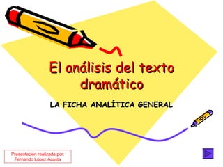 El análisis del texto dramático LA FICHA ANALÍTICA GENERAL Presentación realizada por: Fernando López Acosta 