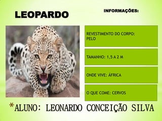 LEOPARDO

INFORMAÇÕES:

REVESTIMENTO DO CORPO:
PELO

TAMANHO: 1,5 A 2 M

ONDE VIVE: ÁFRICA

O QUE COME: CERVOS

 