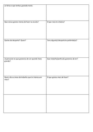 as férias e que tenhas gostado muito.
Que coisas gostas menos de fazer na escola? O que mais te chateia?
Gostas de desporto? Quais? Tens algum(a) desportista preferido(a)?
Já pensaste no que gostarias de ser quando fores
grande?
Que trabalho/profissão gostarias de ter?
Quais são as áreas de trabalho que te interessam
mais?
O que gostas mais de fazer?
 