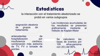 Estadísticas
asignación aleatoria
de grupos de
tratamiento
antecedentes de
hospitalización por
insuficiencia cardíaca,
combinación más estrecha
de TV, FV o torsade de
pointes
Se calcularon las
tasas de eventos por
100 años-persona
con (IC) del 95%.
Las incidencias acumuladas de
los resultados se presentan
gráficamente mediante el
método de Kaplan-Meier
la interacción con el tratamiento aleatorizado se
probó en varios subgrupos
 