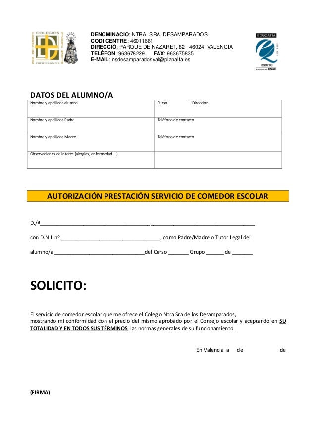 Ficha autorización comedor escolar Ficha autorización comedor escolar