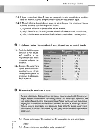 Fichas de avaliação sumativa
1.3.3. A água, constante do Menu 2, deve ser consumida durante as refeições e nos inter-
valos das mesmas. Explica a importância do consumo frequente de água.
1.3.4. O Menu 3 elimina da refeição um grupo de alimentos que nos fornece um tipo de
nutriente essencial com função plástica. Indica:
a) o grupo de alimentos a que se refere a frase anterior;
b) o tipo de nutriente que esse grupo de alimentos fornece em maior quantidade;
c) a importância desse nutriente no funcionamento saudável do nosso organismo.
A tabela representa o valor nutricional de um refrigerante e de um sumo de laranja.
Qual das bebidas apre-
sentadas é mais saudá-
vel? Justifica a tua
resposta com dois dados
presentes na tabela nu-
tricional.
Embora não contenham
lípidos em quantidades
significativas, os refrige-
rantes podem agravar os
problemas de obesidade.
Explica porquê.
Lê, com atenção, o texto que se segue.
Durante a época dos Descobrimentos, as viagens de caravela pelo Atlântico duravam
longos meses e os marinheiros não conseguiam ter uma alimentação equilibrada. Por
isso, sofriam frequentemente de uma doença conhecida como escorbuto, que afetava
as gengivas e provocava o apodrecimento e a queda de dentes. A alimentação destes
homens baseava-se em peixe seco e biscoitos duros, alimentos que se conservavam
vários meses, e não incluíam frutas e legumes, porque estes alimentos rapidamente
apodreciam.
3.1. Explica a afirmação: “Os marinheiros não conseguiam ter uma alimentação
com-
pleta.”
3.2. Como poderiam os marinheiros evitar o escorbuto?
2
2.1.
2.2.
3
Nutrientes
Calorias
Hidratos de carbono
Proteínas
Lípidos
Fibras
Vitamina C
Vitamina K
Cálcio
Magnésio
Sódio
Refrigerante Sumo de laranja
200 ml 200 ml
85 kcal 90 kcal
21 g 20,82 g
0 1,4 g
0 0,4 g
0 0,4 g
0 100 mg
0 200 mg
0 11 mg
0 11 mg
10 mg 1 mg
 