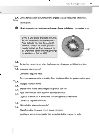 Fichas de avaliação sumativa
Outras flores exibem simultaneamente órgãos sexuais masculinos e femininos.
Como
se designam?
Lê, atentamente, o seguinte texto e observa a figura ao lado que representa o kiwi.
O kiwi é uma planta originária da China.
As suas sementes foram levadas para a
Nova Zelândia no início do século XX,
tendo-se tornado no maior produtor
mundial de kiwis até finais da década de
80. O primeiro pomar em Portugal surgiu
em Vila Nova de Gaia em 1973.
As abelhas transportam o pólen das flores masculinas para as células femininas.
Como
se designa esse processo?
Completa a seguinte frase.
Tendo em conta que estão envolvidas flores de plantas diferentes, podemos dizer que a
po-
linização ocorre de forma
Explica como ocorre a fecundação nas plantas com flor.
Após a fecundação, o que acontece às flores femininas?
Legenda as estruturas A e B com os conceitos pericarpo e sementes.
Comenta a seguinte afirmação:
“A flor do kiwi só possui um óvulo”.
Classifica o kiwi de acordo com o tipo de pericarpo.
Identifica o agente disseminador das sementes do kiwi referido no texto.
29
2.3.
3
3.1.
3.2.
3.3.
3.4.
3.5.
3.6.
3.7.
3.8.
A
B
.
 