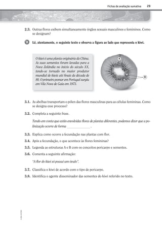 29
©AREALEDITORES
Fichas de avaliação sumativa
3.1. As abelhas transportam o pólen das flores masculinas para as células femininas. Como
se designa esse processo?
3.2. Completa a seguinte frase.
Tendo em conta que estão envolvidas flores de plantas diferentes, podemos dizer que a po-
linização ocorre de forma .
3.3. Explica como ocorre a fecundação nas plantas com flor.
3.4. Após a fecundação, o que acontece às flores femininas?
3.5. Legenda as estruturas A e B com os conceitos pericarpo e sementes.
3.6. Comenta a seguinte afirmação:
“A flor do kiwi só possui um óvulo”.
3.7. Classifica o kiwi de acordo com o tipo de pericarpo.
3.8. Identifica o agente disseminador das sementes do kiwi referido no texto.
B
2.3. Outras flores exibem simultaneamente órgãos sexuais masculinos e femininos. Como
se designam?
Lê, atentamente, o seguinte texto e observa a figura ao lado que representa o kiwi.3
O kiwi é uma planta originária da China.
As suas sementes foram levadas para a
Nova Zelândia no início do século XX,
tendo-se tornado no maior produtor
mundial de kiwis até finais da década de
80. O primeiro pomar em Portugal surgiu
em Vila Nova de Gaia em 1973.
A
AECSI6DP_AVA_F02_20101687_4P_20101687_AVAL_P017_032 11/03/30 16:29 Page 29
 