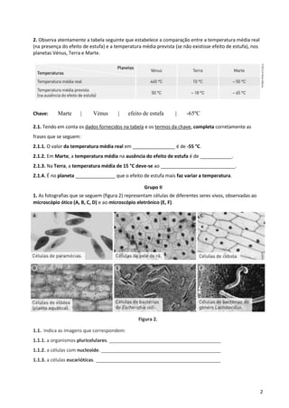 2
2. Observa atentamente a tabela seguinte que estabelece a comparação entre a temperatura média real
(na presença do efeito de estufa) e a temperatura média prevista (se não existisse efeito de estufa), nos
planetas Vénus, Terra e Marte.
Chave: Marte | Vénus | efeito de estufa | -65ºC
2.1. Tendo em conta os dados fornecidos na tabela e os termos da chave, completa corretamente as
frases que se seguem:
2.1.1. O valor da temperatura média real em ________________ é de -55 °C.
2.1.2. Em Marte, a temperatura média na ausência do efeito de estufa é de ____________.
2.1.3. Na Terra, a temperatura média de 15 °C deve-se ao ____________________________.
2.1.4. É no planeta _______________ que o efeito de estufa mais faz variar a temperatura.
Grupo II
1. As fotografias que se seguem (figura 2) representam células de diferentes seres vivos, observadas ao
microscópio ótico (A, B, C, D) e ao microscópio eletrónico (E, F).
Figura 2.
1.1. Indica as imagens que correspondem:
1.1.1. a organismos pluricelulares. __________________________________________
1.1.2. a células com nucleoide. _____________________________________________
1.1.3. a células eucarióticas. _______________________________________________
 