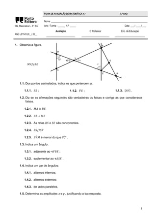 1 
Olá, Matemática! – 5.º Ano 
ANO LETIVO 20__/ 20__ 
FICHA DE AVALIAÇÃO DE MATEMÁTICA n.º 5.º ANO 
Nome: ________________________________________________________________________________ 
Ano / Turma : ______ N.º: _____ Data: ___ / ____ / ___ 
Avaliação 
________________________ 
O Professor 
_______________________ 
Enc. de Educação 
_________________________ 
1. Observa a figura. 
1.1. Dos pontos assinalados, indica os que pertencem a: 
1.1.1. ; 1.1.2. ; 1.1.3. . 
1.2. Diz se as afirmações seguintes são verdadeiras ou falsas e corrige as que consideraste 
falsas. 
1.2.1. 
1.2.2. 
1.2.3. As retas e são concorrentes. 
1.2.4. 
1.2.5. é menor do que 70º . 
1.3. Indica um ângulo: 
1.3.1. adjacente ao ; 
1.3.2. suplementar ao . 
1.4. Indica um par de ângulos: 
1.4.1. alternos internos; 
1.4.2. alternos externos; 
1.4.3. de lados paralelos. 
1.5. Determina as amplitudes x e y , justificando a tua resposta. 
 