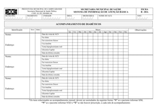 PREFEITURA MUNICIPAL DE CAMPO GRANDE                              SECRETARIA MUNICIPAL DE SAÚDE                                         FICHA
                           Secretaria Municipal de Saúde Pública                  SISTEMA DE INFORMAÇÃO DE ATENÇÃO BÁSICA                                    B - DIA
                                CNPJ: 03.501.509/0001-06
MUNICÍPIO                 SEGMENTO             UNIDADE                   ÁREA                MICROÁREA             NOME DO ACS:                          ANO
/__/__/__/__/__/__/__/    /__/__/              /__/__/__/__/__/__/__/    /__/__/__/          /__/__/__/__/                                               /__/__/__/__/


                                                                ACOMPANHAMENTO DE DIABÉTICOS

        Identificação         Sexo   Idade                                                                     Meses                                   Observações
                                                                           Jan   Fev   Mar    Abr   Mai      Jun   Jul   Ago   Set   Out   Nov   Dez
Nome:                                        Data da visita do ACS
                                             Faz dieta
                                             Faz exercícios físicos
                                             Usa insulina
Endereço:
                                             Toma hipoglicemiante oral
                                             Glicemia Capilar
                                             Data da última consulta
Nome:                                        Data da visita do ACS
                                             Faz dieta
                                             Faz exercícios físicos
                                             Usa insulina
Endereço:
                                             Toma hipoglicemiante oral
                                             Glicemia Capilar
                                             Data da última consulta
Nome:                                        Data da visita do ACS
                                             Faz dieta
                                             Faz exercícios físicos
                                             Usa insulina
Endereço:
                                             Toma hipoglicemiante oral
                                             Glicemia Capilar
                                             Data da última consulta
                            *Os itens relacionados ao acompanhamento mensal, devem ser assinalados da seguinte forma: “S” se o paciente informar SIM,
                                          “N” se o paciente informar NÃO e “X” se não houver prescrição, a cada mês de acompanhamento.
 