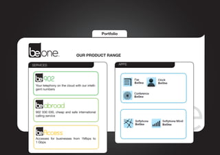 Portfolio




                               OUR PRODUCT RANGE

SERVICES                                                     APPS




 Your telephony on the cloud with our intelli-
 gent numbers




 902 030 030, cheap and safe international
 calling service




 Accesses for businesses from 1Mbps to
 1 Gbps
 