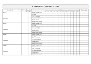 ACOMPANHAMENTO DE HIPERTENSOS

        Identificação   Sexo   Idade    Fumante                                                             Meses                                   Observações
                                       Sim Não                              Jan   Fev   Mar   Abr   Mai   Jun   Jul   Ago   Set   Out   Nov   Dez
Nome:                                             Data da visita do ACS
                                                  Faz dieta
                                                  Toma a medicação
                                                  Faz exercícios físicos
Endereço:
                                                  Pressão arterial
                                                  Data da última consulta
Nome:                                             Data da visita do ACS
                                                  Faz dieta
                                                  Toma a medicação
                                                  Faz exercícios físicos
Endereço:
                                                  Pressão arterial
                                                  Data da última consulta
Nome:                                             Data da visita do ACS
                                                  Faz dieta
                                                  Toma a medicação
                                                  Faz exercícios físicos
Endereço:
                                                  Pressão arterial
                                                  Data da última consulta
Nome:                                             Data da visita do ACS
                                                  Faz dieta
                                                  Toma a medicação
                                                  Faz exercícios físicos
Endereço:
                                                  Pressão arterial
                                                  Data da última consulta
 