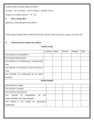 ¿Cuántas horas semanales dedica al estudio?
0-5 horas de 5 a 10 horas de 10 a 15 horas más de 15 horas
¿Supervisa su trabajo (tareas)? Sí No
5. Ocio y tiempo libre
¿Qué hace su hijo durante las horas libres?
¿Cómo ocupa el tiempo libre en familia? (televisión, afición común, excursiones, juegos, conversar, etc.)
6. Valoración de la conducta de su hijo/a
Ámbito escolar
Excelente Bueno Normal Regular Malo
Con relación a sus compañeros
Con relación al profesorado
Con relación a las instalaciones y materiales del
aula
Con relación a las normas de convivencia de la
clase
Con relación a la realización de las tareas
escolares
Ámbito familiar
Con relación a su padre
Con relación a su madre
Con relación a sus hermanos
Con relación al cumplimiento de las
responsabilidades que tenga asignadas
Con relación a las normas de convivencia
establecidas
 