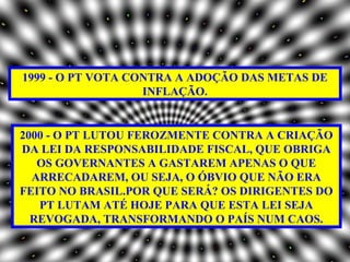 1999 - O PT VOTA CONTRA A ADOÇÃO DAS METAS DE
                   INFLAÇÃO.


2000 - O PT LUTOU FEROZMENTE CONTRA A CRIAÇÃO
DA LEI DA RESPONSABILIDADE FISCAL, QUE OBRIGA
   OS GOVERNANTES A GASTAREM APENAS O QUE
  ARRECADAREM, OU SEJA, O ÓBVIO QUE NÃO ERA
FEITO NO BRASIL.POR QUE SERÁ? OS DIRIGENTES DO
   PT LUTAM ATÉ HOJE PARA QUE ESTA LEI SEJA
  REVOGADA, TRANSFORMANDO O PAÍS NUM CAOS.
 