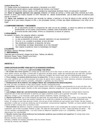 Lectura Anexo No. 1
3.1. Cuáles serían los fundamentos para educar y disciplinar a un niño?
3.2. Qué tipo de sanción aplicar a quien transgrede las normas y los límites?
3.3. Qué tipo de premios utilizar cuando el niño satisface las expectativas familiares frente a la educación impartida?
3.4. Hacer el siguiente ejercicio con usuarias: Elaboren un listado de normas y límites para niños menores de 5 años.
Escribir un lema: Que implica respetar un niño? Recordar los valores fundamentales que se deben poner en práctica para
educar un menor.?
3.5. Hacer una cartelera que resuma que recuerde los valores a practicar a la hora de educar al niño; escribir el lema
escogido de lo que implica respetar al niño, y las principales normas y límites que deben establecerse a los niños en un
hogar.
4.-COMPROMETAMONOS Y DECIDAMOS:
 En un documento escribir el compromiso de cada una de las unidades, a colocar en práctica de inmediato,
fundamentado en los nuevos conocimientos y saberes sobre el disciplinar del niño.
 En el acta escribe cada unidad, mínimo un compromiso a colocar en práctica.
5.-EVALUEMOS:
Se evaluara la sesión. Con pregunta abierta o cerradas.
 Mereció ser desarrollado el tema?
 Lo que se desarrolló en el tema, responde realmente a lo que necesitamos?
 Si se ha o no, cumplido lo acordado al inicio del taller.
 Que obstáculos impidieron el desarrollo del tema.
 La metodología de trabajo desarrollada es la más indicada?
 Que mejoras le podemos hacer la metodología de trabajo?
6.-ELABORO:
Sociólogo: German Restrepo Cárdenas
7.- BIBLIOGRAFIA.
Capsulas para la formación integral de los hijos. Talleres de reflexión.
Hernando Duque Yepes, Piedad Lucia Vieco.
Dinámicas grupales de Reflexión.
ANEXO No. 1
COMO CASTIGARUN NIÑO PARA QUE TE LO AGRADEZCA MAÑANA.
Nos preguntamos con frecuencia cuál es el castigo más eficaz.
1. No existen dos niños iguales. El castigo que ha sido eficaz con el hijo mayor no tiene por qué servir al pequeño. Los
niños deben conocer las reglas y limites pero la aplicación de éstas varían según las características de cada niño. Ejemplo:
Un niño que puntualmente dice una grosería no debe ser corregido del mismo modo que otro habitualmente grosero.
2. Para castigar, los padres debemos tener la cabeza fría. Si tras el castigo nos invade un sentimiento de culpabilidad,
eso suele significar que no hemos pensado bien antes de aplicar dicho castigo. Por tanto, debemos armarnos de paciencia,
especialmente cuando estamos cansados, enfadados o agotados por otros motivos.
3. Consecuencia de lo anterior, los castigos físicos son completamente desaconsejables.
No sirve. Es más: sus efectos a largo plazo pueden resultar contraproducentes.
4. Inmediatez. No permitamos que pase mucho tiempo entre la falta y el castigo, especialmente en el caso de niños más
pequeños, que olvidan rápido. Cuando el niño está castigado, debemos asegurarnos de que el realmente recuerda por qué
lo está.
5. Los castigos deben ser una herramienta excepcional, no una recurrente. Demasiados castigos deben hacernos
sospechar que el niño está llamando la atención por algún problema oculto y por lo general más grave. En ese caso,
debemos corregir y, si es necesario, pedir ayuda externa (maestros, tutores, psicólogos, etc)
6. Objetivo primordial: que el niño entienda las relaciones de causa-efecto entre la falta y el castigo. Si un jovencito llega
45 minutos tarde a casa, tiene más sentido impedirle ver la mitad de su partido de fútbol favorito que prohibírselo todo
entero. El castigo no solo trata de poner límites, sino de que el niño entienda por qué existen esos límites . De esa manera,
aprenderá a evitar por si solo las conductas que le acarrearán consecuencias negativas. También es bueno advertir antes de
cometer la falta: si haces esto, te ocurrirá lo otro.
7. Racionalidad. No debemos imponer castigos excesivamente duros ni tan complicados de cumplir (o para nosotros de
supervisar) que al final no pueden llevarse a cabo. “No sales de casa durante un mes”; “copia esta frase mil veces”… Ojo
con los castigos contraproducentes: a un niño tímido no debemos impedirle acudir a un cumpleaños, donde puede
relacionarse con más facilidad
8. Resulta mucho más eficaz fortalecer las conductas positivas que erradicar las negativas. El castigo debe estar
equilibrado con caricias y besos.
Muchas caricias y pocos castigos.
Felicitar y celebrar los aciertos presentes evita los errores futuros.
Se trata de criterios casi infalibles.
 