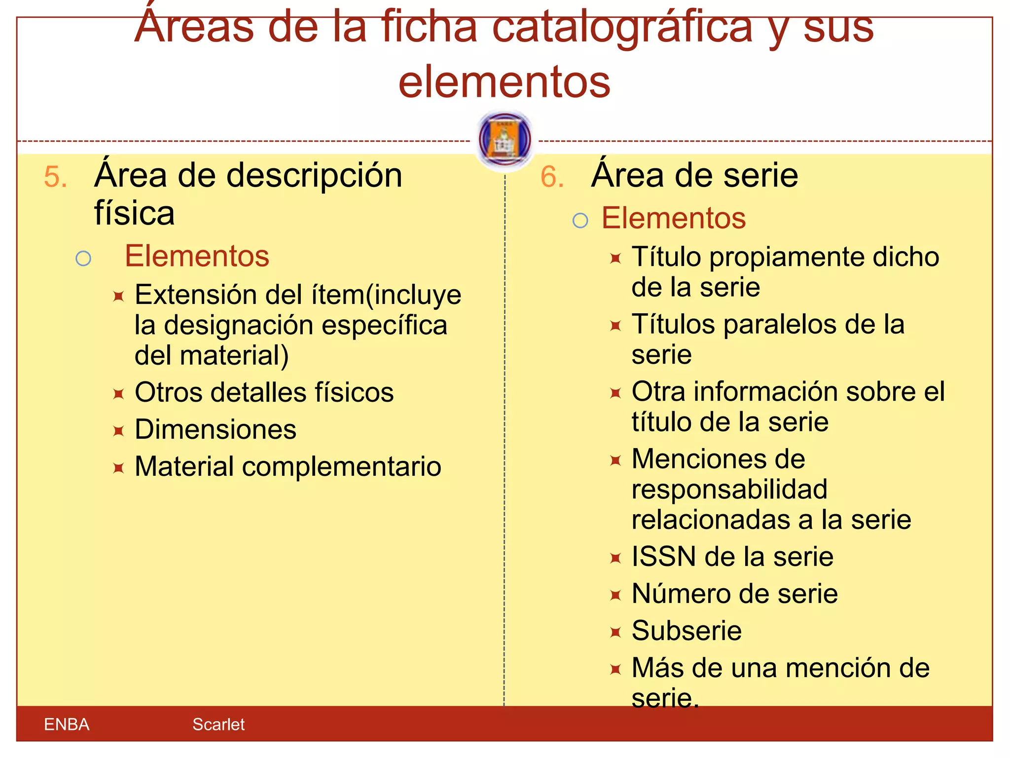 Áreas de la ficha catalográfica y sus
                         elementos
5. Área de descripción                 6. Área de serie
       física                             Elementos
        Elementos                          Título propiamente dicho
         Extensión del ítem(incluye         de la serie
          la designación específica         Títulos paralelos de la
          del material)                      serie
         Otros detalles físicos            Otra información sobre el
         Dimensiones                        título de la serie
         Material complementario           Menciones de
                                             responsabilidad
                                             relacionadas a la serie
                                            ISSN de la serie
                                            Número de serie
                                            Subserie
                                            Más de una mención de
                                             serie.
ENBA            Scarlet
 