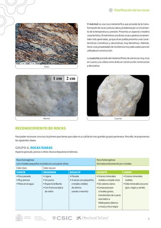 Clasificación de las rocas
Gneis
Mármol Cuarcita
El mármol es una roca metamórfica que procede de la trans-
formaciónderocascomolacalizayladolomíaporunincremen-
to de la temperatura y presión. Presenta un aspecto cristalino
característico.Elmármolesunadelasrocasopiedrasornamen-
tales más apreciadas, ya que al ser pulida presenta unas carac-
terísticas cromáticas y decorativas muy llamativas. Además,
tieneunaspropiedadesderesistenciamuyadecuadasparaser
utilizada en construcción.
La cuarcita procede del metamorfismo de areniscas muy ricas
en cuarzo y se utiliza como árido en construcción constructiva
y decorativa.
RECONOCIMIENTO DE ROCAS
Parapoderreconocerunaroca,loprimeroquetienesquesaberesacuáldelostresgrandesgrupospertenece.Paraello,teproponemos
las siguientes claves:
GRUPO A. ROCAS ÍGNEAS
Aspecto granudo, poroso o vítreo. Nunca dispuesta en láminas.
Roca homogénea
con cristales pequeños incluidos en una pasta vítrea
Roca heterogénea
formada enteramente por cristales
Color claro Color oscuro
PUMITA OBSIDIANA BASALTO GRANITO GABRO
• Poco pesada
• Muy porosa
• Flota en el agua
• Ligera
• Sin poros
• Aspecto brillante
• Con fractura típica
de vidrio
• Pesada
• A veces con pequeños
cristales visibles
de olivino
(verde o marrón)
• Granos minerales
visibles a simple vista
• De colores claros
• Compuesta por
cristales grises,
translúcidos de cuarzo
asociados a
feldespatos (blanco
o rosa) y mica negra
• Granos minerales
visibles
• Sólomineralesoscuros
(gris, negro y verde)
5
 