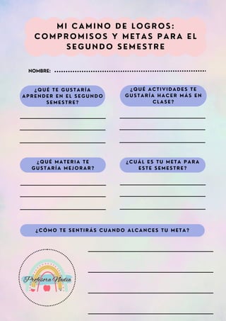 NOMBRE:
¿ Q U É M A T E R I A T E
G U S T A R Í A M E J O R A R ?
¿ C U Á L E S T U M E T A P A R A
E S T E S E M E S T R E ?
¿ C Ó M O T E S E N T I R Á S C U A N D O A L C A N C E S T U M E T A ?
¿ Q U É T E G U S T A R Í A
A P R E N D E R E N E L S E G U N D O
S E M E S T R E ?
¿ Q U É A C T I V I D A D E S T E
G U S T A R Í A H A C E R M Á S E N
C L A S E ?
M I C A M I N O D E L O G R O S :
C O M P R O M I S O S Y M E T A S P A R A E L
S E G U N D O S E M E S T R E
 