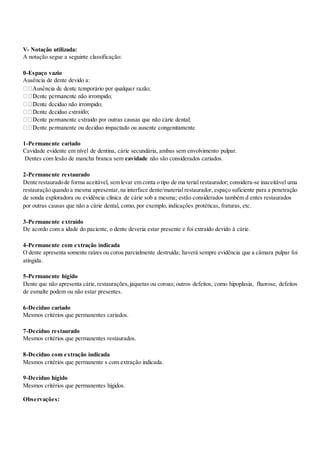 V- Notação utilizada:
A notação segue a seguinte classificação:
0-Espaço vazio
Ausência de dente devido a:
aído;
1-Permanente cariado
Cavidade evidente em nível de dentina, cárie secundária, ambas sem envolvimento pulpar.
Dentes com lesão de mancha branca sem cavidade não são considerados cariados.
2-Permanente restaurado
Dente restauradode forma aceitável, sem levar em conta o tipo de ma terial restaurador; considera-se inaceitável uma
restauração quando a mesma apresentar,na interface dente/material restaurador, espaço suficiente para a penetração
de sonda exploradora ou evidência clínica de cárie sob a mesma; estão considerados também d entes restaurados
por outras causas que não a cárie dental, como, por exemplo, indicações protéticas, fraturas, etc.
3-Permanente extraído
De acordo com a idade do paciente, o dente deveria estar presente e foi extraído devido à cárie.
4-Permanente com extração indicada
O dente apresenta somente raízes ou coroa parcialmente destruída; haverá sempre evidência que a câmara pulpar foi
atingida.
5-Permanente hígido
Dente que não apresenta cárie,restaurações,jaquetas ou coroas; outros defeitos, como hipoplasia, fluorose, defeitos
de esmalte podem ou não estar presentes.
6-Decíduo cariado
Mesmos critérios que permanentes cariados.
7-Decíduo restaurado
Mesmos critérios que permanentes restaurados.
8-Decíduo com extração indicada
Mesmos critérios que permanente s com extração indicada.
9-Decíduo hígido
Mesmos critérios que permanentes hígidos.
Observações:
 