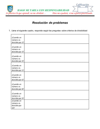 HAGO MI TAREA CON RESPONSABILIDAD
Si practico lo que aprendí, no me olvidaré… Dios me ayudará, si me esfurzo practicando.
Resolución de problemas
1. Llena el siguiente cuadro, responde según las preguntas sobre criterios de divisibilidad
¿Cuando un
número es
divisible por 2?
¿Cuando un
número es
divisible por 3?
¿Cuando un
número es
divisible por 4?
¿Cuando un
número es
divisible por 5?
¿Cuando un
número es
divisible por 6?
¿Cuando un
número es
divisible por 8?
¿Cuando un
número es
divisible por 9?
¿Cuando un
número es
divisible por
10?
 