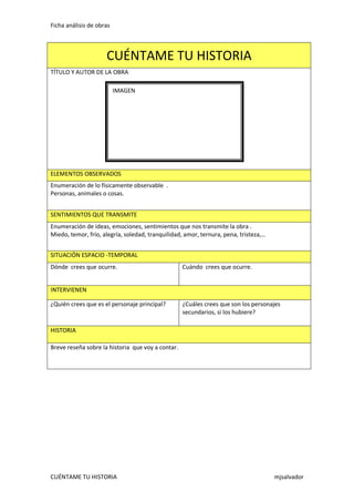 Ficha análisis de obras

CUÉNTAME TU HISTORIA
TÍTULO Y AUTOR DE LA OBRA
IMAGEN

ELEMENTOS OBSERVADOS
Enumeración de lo físicamente observable .
Personas, animales o cosas.
SENTIMIENTOS QUE TRANSMITE
Enumeración de ideas, emociones, sentimientos que nos transmite la obra .
Miedo, temor, frío, alegría, soledad, tranquilidad, amor, ternura, pena, tristeza,…
SITUACIÓN ESPACIO -TEMPORAL
Dónde crees que ocurre.

Cuándo crees que ocurre.

INTERVIENEN
¿Quién crees que es el personaje principal?

¿Cuáles crees que son los personajes
secundarios, si los hubiere?

HISTORIA
Breve reseña sobre la historia que voy a contar.

CUÉNTAME TU HISTORIA

mjsalvador

 