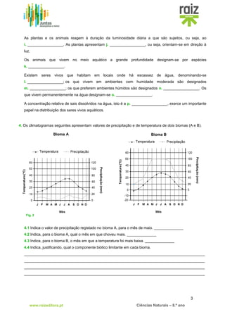 3
www.raizeditora.pt Ciências Naturais – 8.º ano
Fig. 2
As plantas e os animais reagem à duração da luminosidade diária a que são sujeitos, ou seja, ao
i. _________________. As plantas apresentam j. _________________, ou seja, orientam-se em direção à
luz.
Os animais que vivem no meio aquático a grande profundidade designam-se por espécies
k. _________________.
Existem seres vivos que habitam em locais onde há escassez de água, denominando-se
l. _________________; os que vivem em ambientes com humidade moderada são designados
m. _________________; os que preferem ambientes húmidos são designados n. _________________. Os
que vivem permanentemente na água designam-se o. _________________.
A concentração relativa de sais dissolvidos na água, isto é a p. _________________, exerce um importante
papel na distribuição dos seres vivos aquáticos.
4. Os climatogramas seguintes apresentam valores de precipitação e de temperatura de dois biomas (A e B).
4.1 Indica o valor de precipitação registado no bioma A, para o mês de maio. ______________
4.2 Indica, para o bioma A, qual o mês em que choveu mais. ______________
4.3 Indica, para o bioma B, o mês em que a temperatura foi mais baixa. ______________
4.4 Indica, justificando, qual o componente biótico limitante em cada bioma.
______________________________________________________________________________________
______________________________________________________________________________________
______________________________________________________________________________________
______________________________________________________________________________________
Bioma A Bioma B
 