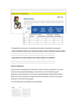 ……………………………………………………………………………………………………………………………………………..
Observamos y reflexionamos:
1 Cáscara de
frutas
Platos
descartable...