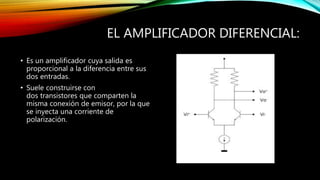 EL AMPLIFICADOR DIFERENCIAL:
• Es un amplificador cuya salida es
proporcional a la diferencia entre sus
dos entradas.
• Suele construirse con
dos transistores que comparten la
misma conexión de emisor, por la que
se inyecta una corriente de
polarización.
 