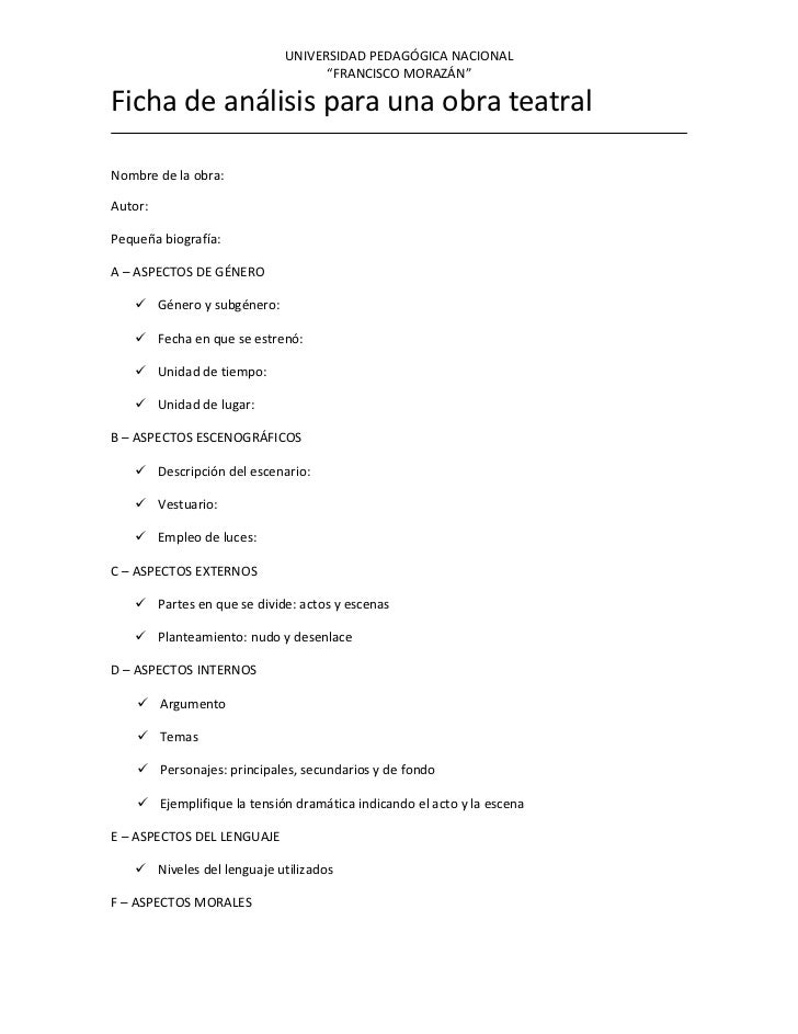Ficha de análisis para obra teatral Ficha de análisis para obra teatral