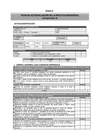 Anexo 2
DATOSDE IDENTIFICACIÓN
DATOS DE LA INSTITUCIÓN EDUCATIVA:
NOMBRE DE LA I.E. CÓDIGO MODULAR:
DIRECCIÓN: UGEL:
NIVEL: Inicial ( ) Primaria ( ) Secundaria ( ) DRE:
5. Nivel educativo: Inicial ( ) Primaria ( ) Secund. ( )
6. Grado(s) o año(s)
en el aula:
7. Sección:
8. Turno M Mañana ( ) Tarde ( )
NIVEL DE AVANCE
Logrado Cumple con lo previsto en el ítem 3
En proceso Cumple parcialmente con los requerimientos del ítem 2
En inicio Cumple en un nivel incipiente con los requerimientos del ítem. 1
Inicio En proceso logrado
16 17-32 33-48
I. SOBREEL DESARROLLODELASESIÓNDE APRENDIZAJE
Uso Pedagógico del tiempo en las sesiones de aprendizaje  Datos a ser registrados sobre el desempeño en aula y la revisión
del documento de planificación, según corresponda:
Complete los ítems 01 - 03 sobre el desempeño en el aula. Valoración
01
Utilizo mayor tiempo en actividades pedagógicas, que generan aprendizajes significativos en mis
estudiantes, sobre las no pedagógicas, durante la sesión de aprendizaje. 1 2 3
02
Dosifico el tiempo de las actividades pedagógicas teniendo en cuenta las características de los procesos
pedagógicos. 1 2 3
03
Cumplo y respeto el horario establecido para el área curricular, de acuerdo a los planes curriculares de
mi I.E. (Inicial y Primaria) y respeto el número de horas establecido según la RSG 2378-2014-MINEDU
(Secundaria).
1 2 3
Complete el ítem 04 referido a la planificación. Valoración
04
Planifico mis actividades pedagógicas (carpeta pedagógica) dosificando el tiempo en la sesión de
aprendizaje de modo que responda a los procesos pedagógicos.
1 2 3
Sub total 4 8 12
Uso de herramientas pedagógicas por los profesores durante las sesiones de aprendizaje  Datos a ser registrados sobre el
desempeño en el aula y la revisión del documento de planificación.
Complete los ítems 05 – 10 sobre el desempeño en el aula. Valoración
05 Problematizo y/o planteo el reto o conflicto cognitivo según las orientaciones de las Rutas de Aprendizaje. 1 2 3
06
Comunico con claridad el propósito de la sesión y las actividades previstas, según las orientaciones de las
Rutas de Aprendizaje y el documento de Orientaciones Básicas para la Programación Curricular. 1 2 3
07
Desarrollo estrategias, basadas en las Rutas de Aprendizaje, para recoger saberes y generar nuevos
aprendizajes, teniendo en cuenta, el enfoque de área. 1 2 3
08
Acompaño a los estudiantes según su ritmo de aprendizaje teniendo en cuenta sus intereses y
necesidades, utilizando para ello las orientaciones planteadas en las Rutas de Aprendizaje. 1 2 3
09
Teniendo en cuenta las competencias y capacidades de las Rutas de Aprendizaje de su área, ejecuto
procesos de evaluación formativa y/o sumativa a los/as estudiantes en la sesión de aprendizaje. 1 2 3
10
Adecúo, si es necesario, las estrategias metodológicas de las Rutas de aprendizaje en función de las
necesidades e intereses de los estudiantes. 1 2 3
Complete los ítems 11 – 12, se revisa el documento de planificación. Valoración
11
Cuento con la planificación curricular (carpeta pedagógica) en la que incluyo actividades pedagógicas en el
marco de los procesos pedagógicos y el enfoque del área planteadas en las Rutas de Aprendizaje y el
documento de Orientaciones Básicas para la Programación Curricular. 1 2 3
12
Presenta en la planificación curricular criterios que responden al proceso de evaluación formativa y/o
sumativa. 1 2 3
Datos del docente autoevaluado 
3.- Apellidos y
Nombres:
4.Especialidad
FICHA DE AUTOEVALUACIÓN DE LA PRÁCTICA PEDAGÓGICA
(Compromiso 4)
 
