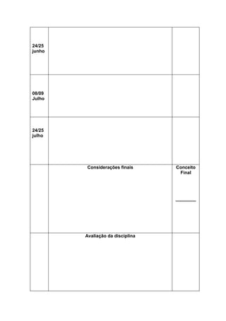 24/25
junho
08/09
Julho
24/25
julho
Considerações finais Conceito
Final
________
Avaliação da disciplina