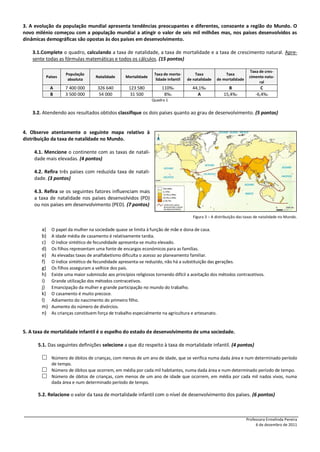 3. A evolução da população mundial apresenta tendências preocupantes e diferentes, consoante a região do Mundo. O
novo milénio começou com a população mundial a atingir o valor de seis mil milhões mas, nos países desenvolvidos as
dinâmicas demográficas são opostas às dos países em desenvolvimento.
3.1.Complete o quadro, calculando a taxa de natalidade, a taxa de mortalidade e a taxa de crescimento natural. Apresente todas as fórmulas matemáticas e todos os cálculos. (15 pontos)
Países

População
absoluta

Natalidade

Mortalidade

Taxa de mortalidade infantil

Taxa
de natalidade

Taxa
de mortalidade

Taxa de crescimento natural

A
B

7 400 000
3 500 000

326 640
54 000

123 580
31 500

110%0
8%0

44,1%0
A

B
15,4%0

C
-6,4%0

Quadro 1

3.2. Atendendo aos resultados obtidos classifique os dois países quanto ao grau de desenvolvimento. (5 pontos)

4. Observe atentamente o seguinte mapa relativo à
distribuição da taxa de natalidade no Mundo.
4.1. Mencione o continente com as taxas de natalidade mais elevadas. (4 pontos)
4.2. Refira três países com reduzida taxa de natalidade. (3 pontos)
4.3. Refira se os seguintes fatores influenciam mais
a taxa de natalidade nos países desenvolvidos (PD)
ou nos países em desenvolvimento (PED). (7 pontos)
Figura 3 – A distribuição das taxas de natalidade no Mundo.

a)
b)
c)
d)
e)
f)
g)
h)
i)
j)
k)
l)
m)
n)

O papel da mulher na sociedade quase se limita à função de mãe e dona de casa.
A idade média de casamento é relativamente tardia.
O índice sintético de fecundidade apresenta-se muito elevado.
Os filhos representam uma fonte de encargos económicos para as famílias.
As elevadas taxas de analfabetismo dificulta o acesso ao planeamento familiar.
O índice sintético de fecundidade apresenta-se reduzido, não há a substituição das gerações.
Os filhos asseguram a velhice dos pais.
Existe uma maior submissão aos princípios religiosos tornando difícil a aceitação dos métodos contracetivos.
Grande utilização dos métodos contracetivos.
Emancipação da mulher e grande participação no mundo do trabalho.
O casamento é muito precoce.
Adiamento do nascimento do primeiro filho.
Aumento do número de divórcios.
As crianças constituem força de trabalho especialmente na agricultura e artesanato.

5. A taxa de mortalidade infantil é o espelho do estado de desenvolvimento de uma sociedade.
5.1. Das seguintes definições selecione a que diz respeito à taxa de mortalidade infantil. (4 pontos)

 Número de óbitos de crianças, com menos de um ano de idade, que se verifica numa dada área e num determinado período
de tempo.

 Número de óbitos que ocorrem, em média por cada mil habitantes, numa dada área e num determinado período de tempo.
 Número de óbitos de crianças, com menos de um ano de idade que ocorrem, em média por cada mil nados vivos, numa
dada área e num determinado período de tempo.

5.2. Relacione o valor da taxa de mortalidade infantil com o nível de desenvolvimento dos países. (6 pontos)

Professora Ermelinda Pereira
6 de dezembro de 2011

 