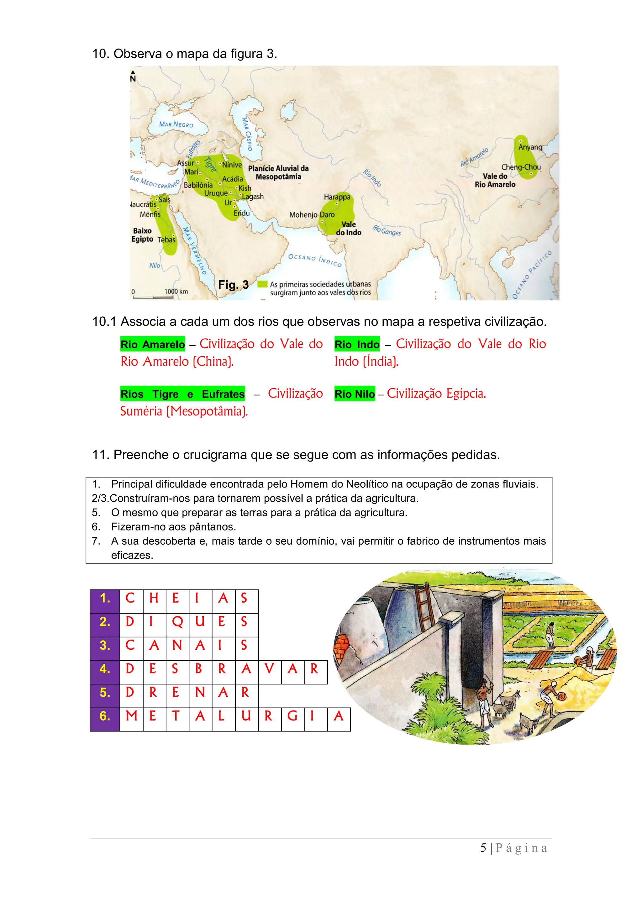 10. Observa o mapa da figura 3.




                         Fig. 3


10.1 Associa a cada um dos rios que observas no mapa a respetiva civilização.
      Rio Amarelo –Civilização do Vale do Rio Indo – Civilização do Vale do Rio
      Rio Amarelo (China).                Indo (Índia).

      Rios Tigre e Eufrates –      Civilização Rio Nilo – Civilização Egípcia.
      Suméria (Mesopotâmia).


11. Preenche o crucigrama que se segue com as informações pedidas.

1. Principal dificuldade encontrada pelo Homem do Neolítico na ocupação de zonas fluviais.
2/3.Construíram-nos para tornarem possível a prática da agricultura.
5. O mesmo que preparar as terras para a prática da agricultura.
6. Fizeram-no aos pântanos.
7. A sua descoberta e, mais tarde o seu domínio, vai permitir o fabrico de instrumentos mais
    eficazes.



 1.   C    H    E   I    A S
 2.   D    I    Q U E         S
 3.   C    A N A I            S
 4.   D    E    S   B    R    A V      A R
 5.   D    R    E   N A R
 6.   M E       T   A L       U R      G I      A




                                                                              5|Página
 