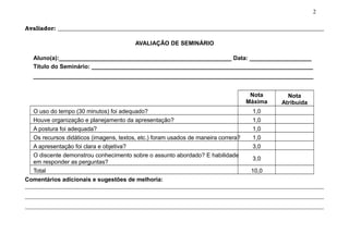 Avaliador:
AVALIAÇÃO DE SEMINÁRIO
Aluno(a):_____________________________________________________ Data: ___________________
Título do Seminário: ____________________________________________________________________
______________________________________________________________________________________
Nota
Máxima
Nota
Atribuída
O uso do tempo (30 minutos) foi adequado? 1,0
Houve organização e planejamento da apresentação? 1,0
A postura foi adequada? 1,0
Os recursos didáticos (imagens, textos, etc.) foram usados de maneira correra? 1,0
A apresentação foi clara e objetiva? 3,0
O discente demonstrou conhecimento sobre o assunto abordado? E habilidade
em responder as perguntas?
3,0
Total 10,0
Comentários adicionais e sugestões de melhoria:
2
 