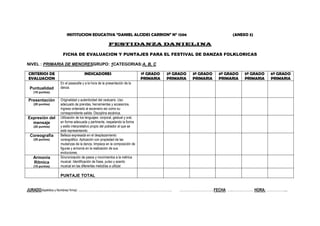 INSTITUCION EDUCATIVA “DANIEL ALCIDES CARRION” N° 1206 (ANEXO 3)
FESTIDANZA DANIELINA
FICHA DE EVALUACION Y PUNTAJES PARA EL FESTIVAL DE DANZAS FOLKLORICAS
NIVEL : PRIMARIA DE MENORESGRUPO: 1CATEGORIAS:A, B, C
CRITERIOS DE
EVALUACION
INDICADORES 1º GRADO
PRIMARIA
2º GRADO
PRIMARIA
3º GRADO
PRIMARIA
4º GRADO
PRIMARIA
5º GRADO
PRIMARIA
6º GRADO
PRIMARIA
Puntualidad
(10 puntos)
En el pasacalle y a la hora de la presentación de la
danza.
Presentación
(20 puntos)
Originalidad y autenticidad del vestuario. Uso
adecuado de prendas, herramientas y accesorios.
Ingreso ordenado al escenario así como su
correspondiente salida. Disciplina escénica.
Expresión del
mensaje
(20 puntos)
Utilización de los lenguajes: corporal, gestual y oral,
en forma adecuada y pertinente, respetando la forma
y estilo interpretativo propio del poblador al que se
está representando.
Coreografía
(35 puntos)
Belleza expresada en el desplazamiento
coreográfico. Aplicación con propiedad de las
mudanzas de la danza, limpieza en la composición de
figuras y armonía en la realización de sus
evoluciones.
Armonía
Rítmica
(15 puntos)
Sincronización de pasos y movimientos a la métrica
musical. Identificación de frase, pulso y acento
musical en las diferentes melodías a utilizar.
PUNTAJE TOTAL
JURADO(Apellidos y Nombres/ firma): ………………………………………………………………………. …………………………FECHA: …..……………… HORA: ……………....
 