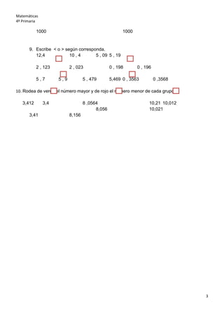 Matemáticas
4º Primaria
3
1000 1000
9. Escribe < o > según corresponda.
12,4 10 , 4 5 , 09 5 , 19
2 , 123 2 , 023 0 , 198 0 , 196
5 , 7 5 , 9 5 , 479 5,469 0 , 3563 0 ,3568
10. Rodea de verde el número mayor y de rojo el número menor de cada grupo.
3,412 3,4 8 ,0564 10,21 10,012
8,056 10,021
3,41 8,156
 