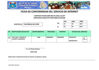 Ficha de conformidad  mensual del servicio de internet 2011